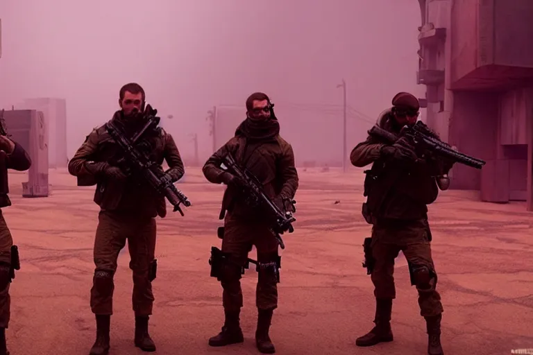 Image similar to vfx film, blade runner 2 0 4 9 futuristic soldiers shoot at enemy robots futuristic war, battlefield war zone, shootout, running, shooting, explosion, battlefront, leaping, flat color profile low - key lighting award winning photography arri alexa cinematography, big crowd, hyper real photorealistic cinematic beautiful, atmospheric cool colorgrade