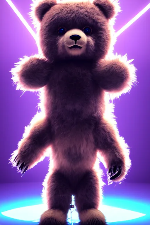 Image similar to high quality 3 d render very cute fluffy cyberpunk bear! plays electric guitar, cyberpunk highly detailed, unreal engine cinematic smooth, in the style of blade runner & detective pikachu, hannah yata charlie immer, moody light, low angle, uhd 8 k, sharp focus