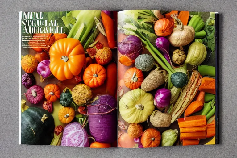 Image similar to magazine quality photo spread of beautifully displayed fall vegetables
