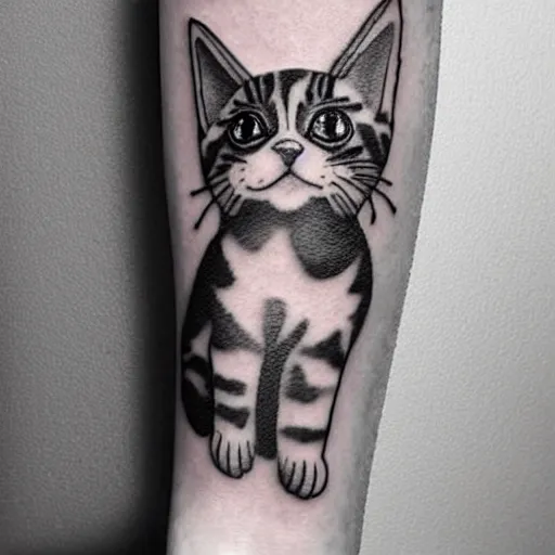 Image similar to cartoon tattoo of a cute kitten with a white border on a light gray background