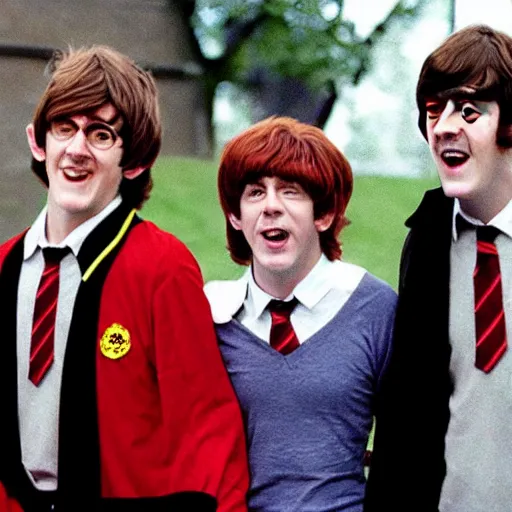 Prompt: Harry, Ron, Hermione, Neville, dressed as The Beatles