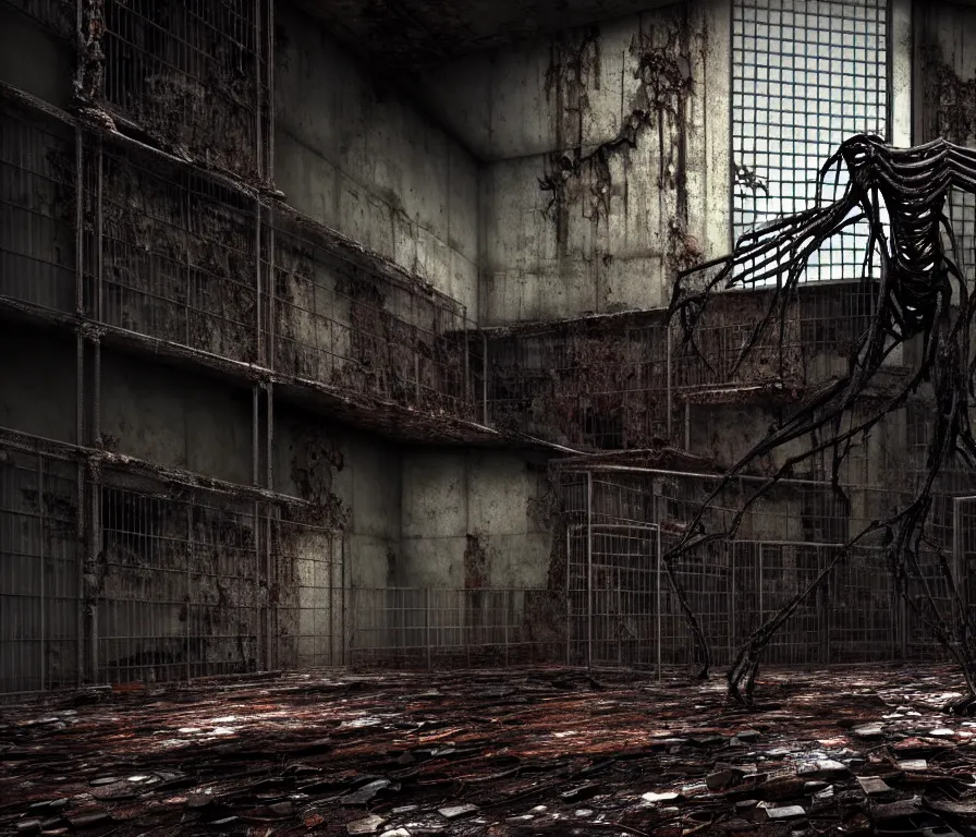 Prompt: creepy huge humanoid with very long limbs sits on the floor. An underground very dark gloomy multi-layered structure of rusty thick iron grates, dense chain-link fencing and peeling walls. Inside view, collapsed floors, bent rusted iron, masterpiece, black background, corners, cinematic, hyperdetailed, photorealistic, hyperrealism, octane render, 8k, depth of field, bokeh, architecture, shadows, art by Zdzisław Beksiński, Arthur Rackham, Dariusz Zawadzki