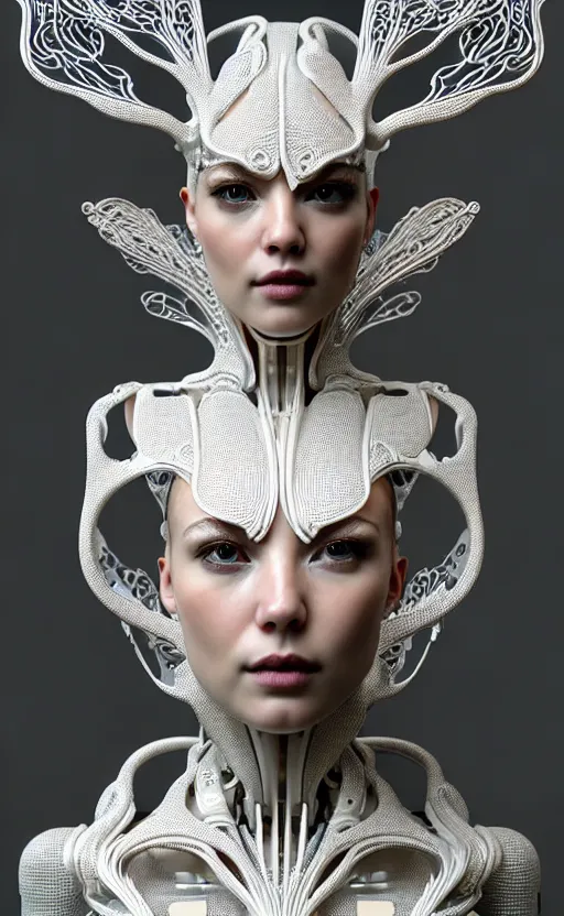 Image similar to intricate hyper detailed ultra sharp 3 d render of a beautiful smooth porcelain seductive cyborg woman portrait, medium shot portrait, bright light, alexandre ferra mecha, deeply cyberpunk art nouveau haute couture huge fractal white silver gold mycelum and yellow pore fungi head ornaments, big embroidered leaves filigree spreaded roots, octane render, volumetric cinematic lighting, 8 k, vray tracing