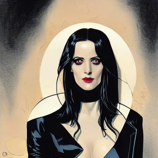 Image similar to Joshua Middleton comic art, stunning elegant female Eva Green, spy, eye patch over left eye,beautiful evil smile, symmetrical face, symmetrical eyes, leather clothing, long straight black hair, full body, MIdnight