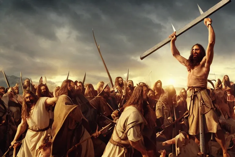 Prompt: Jesus Christ as a viking holding a iron battleax yelling and raising his arms in a scandinavian field, 8k, hyperrealistic, professional photography, epic composition, golden hour