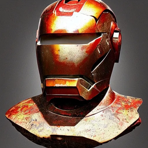 Image similar to an extremely ancient ironman bust that is tarnished and covered in sediment from uncovered earth expedition, rare photograph, smithsonian,