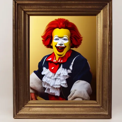 Image similar to extremely detailed studio portrait of ronald mcdonald surrended by gold, soft light, golden glow, 4 k