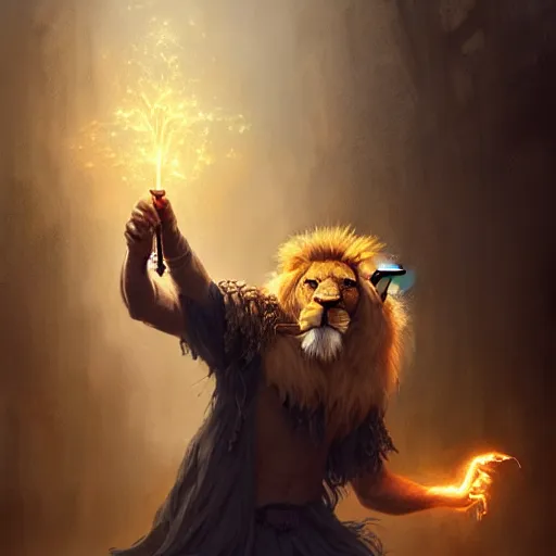 Prompt: an anthropomorphic half lion half human wizard holding a glowimg magical wand,wizard,fantasy art,digital art,art by greg rutkowski,realiatic,photorealistic,hyperdetailed,detailed face,professional lighting,mysterious