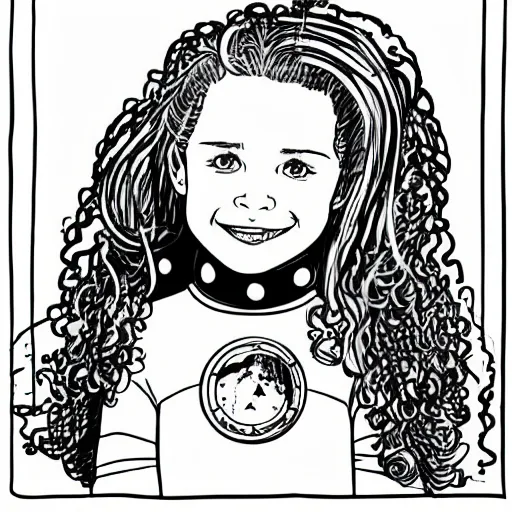 Prompt: clean simple line art of a little girl with long curly hair floating in space. she is an astronaut, wearing a space suit. white background. well composed, clean black and white line drawing, beautiful detailed face. illustration by charlie adlard