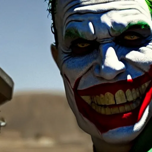 Image similar to cinematic shot of the joker as a us marine in afghanistan, 8 k, very detailed, very intricate,