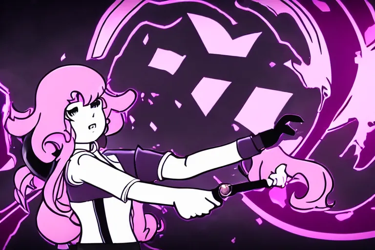 Image similar to rose quartz from steven universe is the blackened, danganronpa trial screenshot, art by rui komatsuzaki, detailed, incredible coloring and shading, from a video sequence, intense lighting