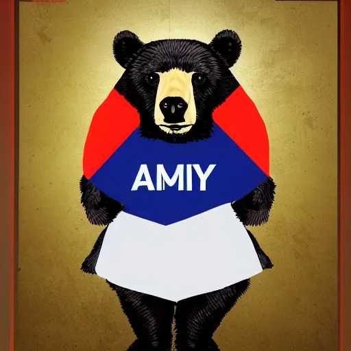 Image similar to bear animal, with army commander clothes, Russian flag,