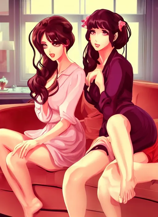 Image similar to two beautiful housewives in the living room on a hot summer evening, gorgeous faces, thick lines, cinematic lighting, detailed anime art