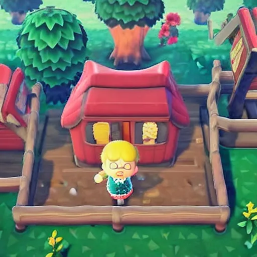 Image similar to a photo of a Eerie cabin in the middle of the woods in the style of Animal Crossing new horizons, gameplay footage