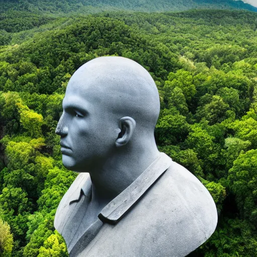 Prompt: gigantic weird concrete head bust in a mountain, surrounded by vegetation, perspective shot from the sky, realistic, by origiful, 4 k