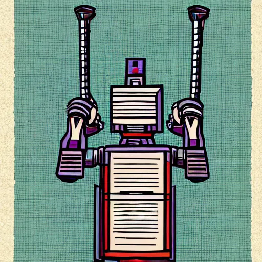 Prompt: a robot with a bible preaching the gospel over the internet, digital art