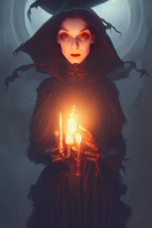 Image similar to portrait of a ghoulish victorian witch dark cheekbones holding a lantern, halloween night, charlie bowater, artgerm, ilya kuvshinov, krenz cushart, ruan jia, realism, ultra detailed, 8 k resolution