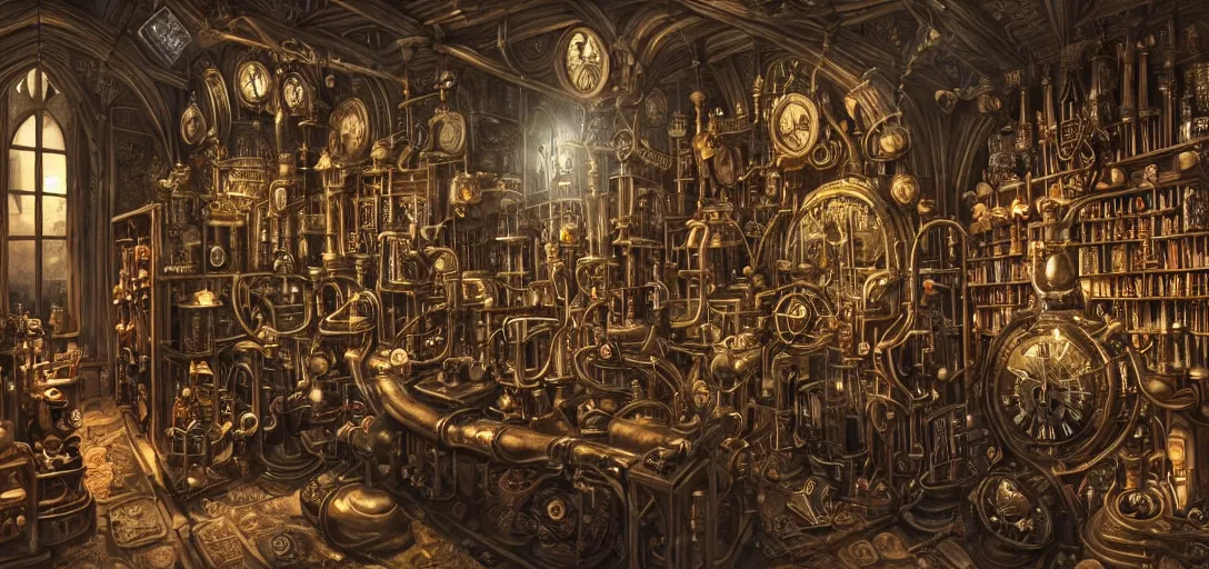 Prompt: An intricate scene of an interior of a gothic castle with a lot of magic bottles and mechanisms of an alchemist, other bookshelves with bottles and alchemy stuff in the background::huge mechanical clocks in the center of composition with a lot of pipes and wires::dark fantasy, detailed concept art, artstation, high details::8K, 4K, sharp focus, octane render