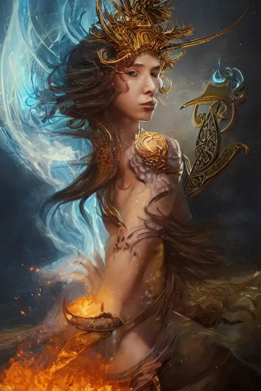 Image similar to beautiful girl sorcerer covered with fire and golden dragon skin, celtic rune tattoos, casting magic spell, angel, fantasy, magic the gathering, hyper detailed, 3 d render, hyper realistic detailed portrait, peter mohrbacher, wlop, ruan jia, luis royo