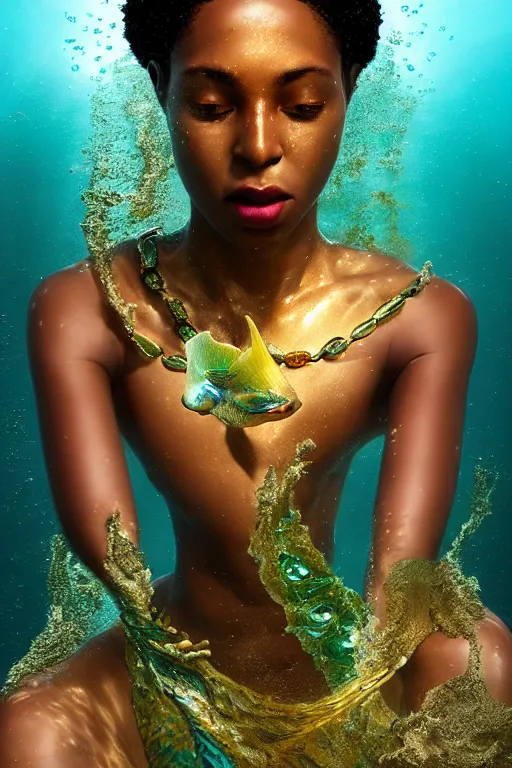 Image similar to hyperrealistic metamodern cinematic half underwater scene with fish and algae, very expressive! translucent elegant african goddess getting out of water, gold jewerly, highly detailed face, digital art masterpiece, aykut aydogdu zener, dramatic volumetric light, long shot, low angle uhd 8 k, sharp focus