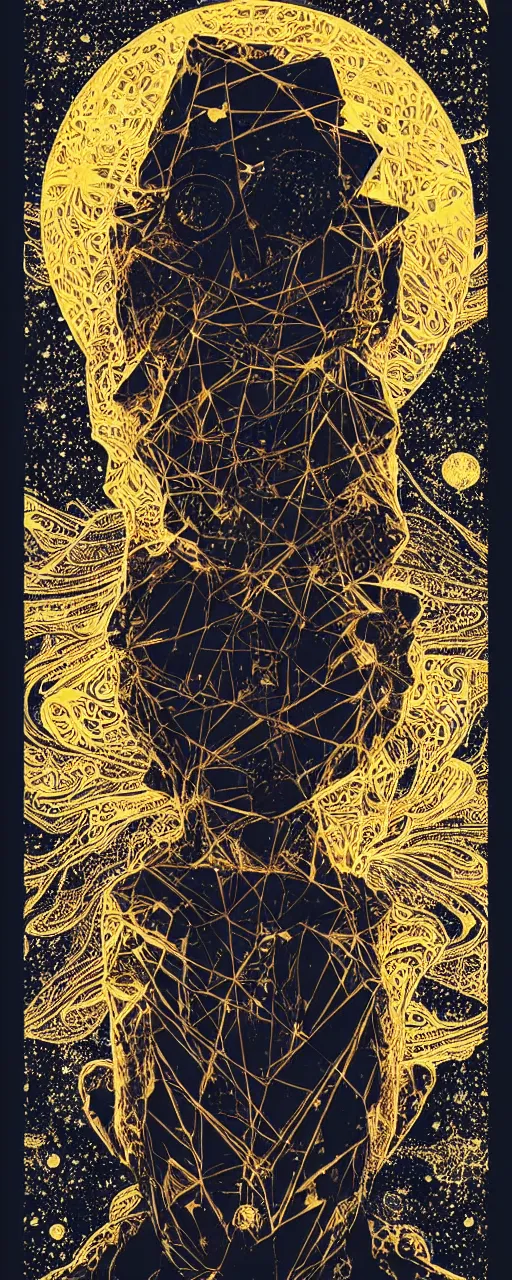 Image similar to disco diffusion portrait of Thom Yorke, on the moon:: cosmic tarot card, intricate fractal details, golden lines, broken reality, fanciful floral mandelbulb, black paper, style of wes anderson