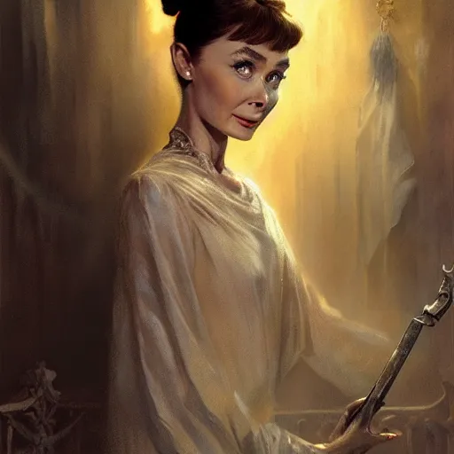 Prompt: audrey hepburn in a horror novel, haunted mansion, various backgrounds, highly detailed, digital painting, artstation, matte, illustration, art by gaston bussiere, greg rutkowski, j. c. leyendecker