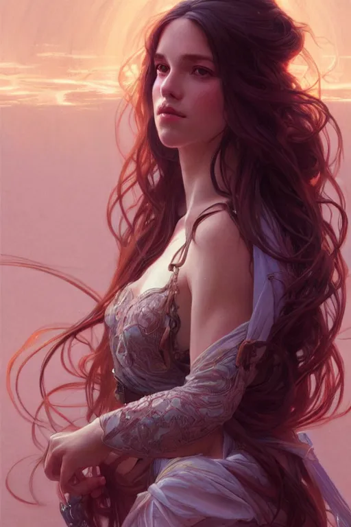 Image similar to portrait of everything, long hair, fantasy, elegant, intricate, full frontal shot, highly detailed, digital painting, artstation, concept art, sharp focus, illustration, art by artgerm and greg rutkowski and alphonse mucha