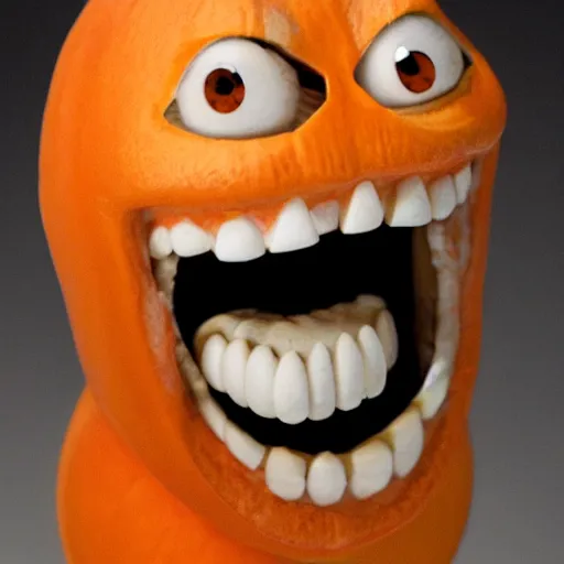 Image similar to a taxidermized annoying orange, in a museum, 8 5 mm lens, 7 0 mm entrance pupil diameter