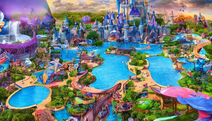 Image similar to disney world, it ’ s a small world ride landscape, kidney shaped swimming pools, unreal engine, realistic shading, realistic render, octane render, detailed textures, photorealistic, wide shot