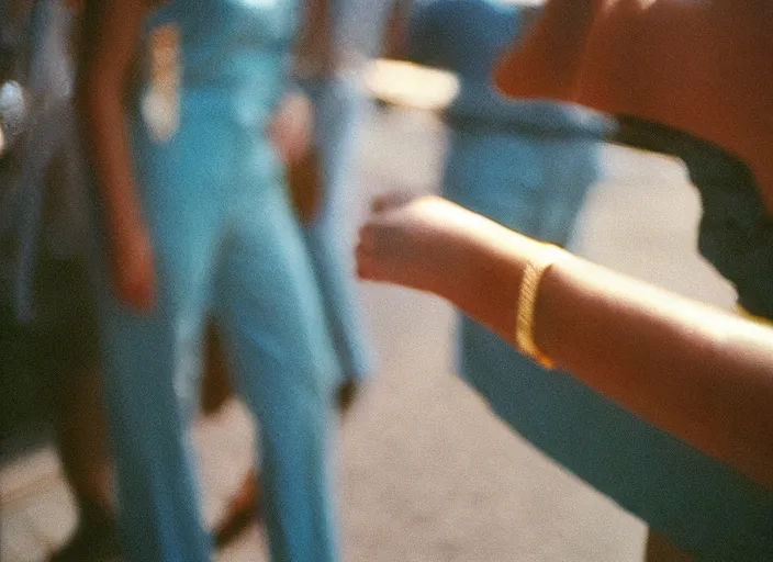 Image similar to close-up color film photography 1970s, long shot, bold woman, soft focus, golden hour, soft light, 35mm, film photo, Joel Meyerowitz