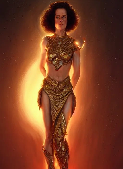 Image similar to young sigourney weaver in dejah thoris outfit, intricate, elegant, glowing lights, highly detailed, digital painting, artstation, glamor pose, concept art, smooth, sharp focus, illustration, art by artgerm and greg rutkowski, artey freytag