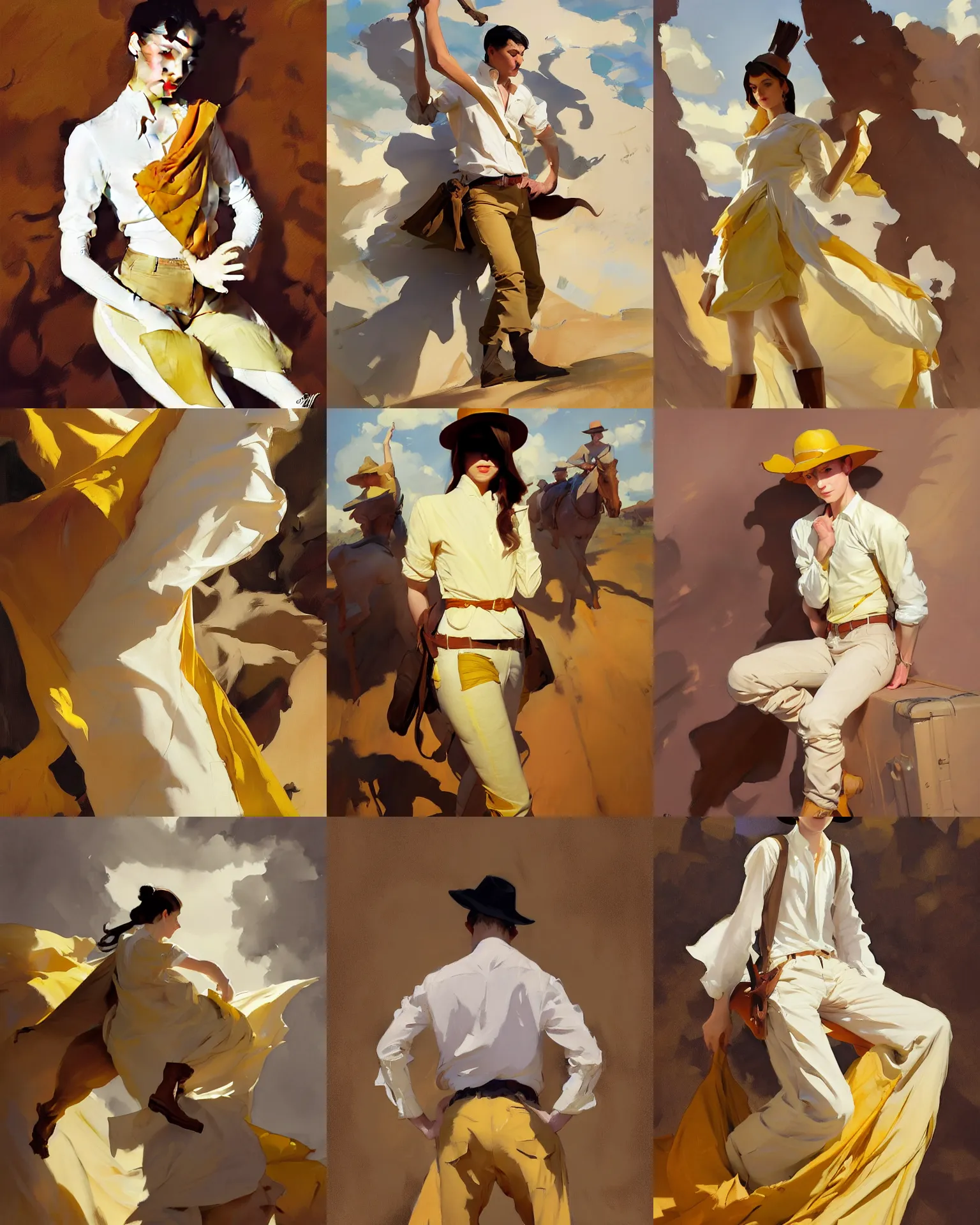 Prompt: white brown deep yellow cloth fabric jodhpurs greg manchess painting by sargent and leyendecker, studio ghibli, fantasy, medium shot, asymmetrical, intricate, elegant, matte painting, illustration, hearthstone, by rhads by greg rutkowski, by greg tocchini, by james gilleard, by joe fenton