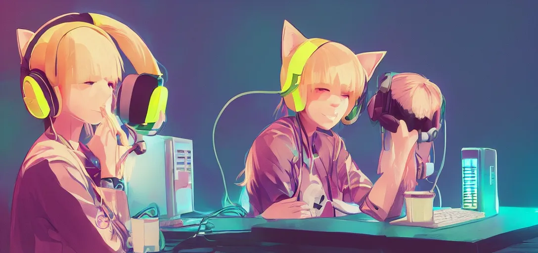 Image similar to a blond woman with cat ear headphones, sitting in front of computer, gamer, computer nerd, cute room, neon lights, gamer aesthetic, lofi vibes, strong crisp lineart and flat color, by ilya kuvshinov, krenz cushart, Greg Rutkowski, trending on artstation