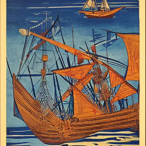 Image similar to a very chaotic naval battle, pirate and medieval ship, colored woodcut, poster art, by Mackintosh, art noveau, by Ernst Haeckel, by Tamara de Lempicka