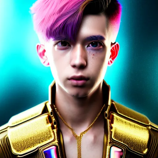 Image similar to hyperdetailed portrait of a cyberpunk european boy with brown hair made of iridescent metals and shiny pink gems, bright rainbow nimbus, gold necklace, gold background inspired by ross tran and masamune shirow and kuvshinov, intricate, photorealistic, octane render, rtx, hdr, unreal engine, dnd digital art by artgerm
