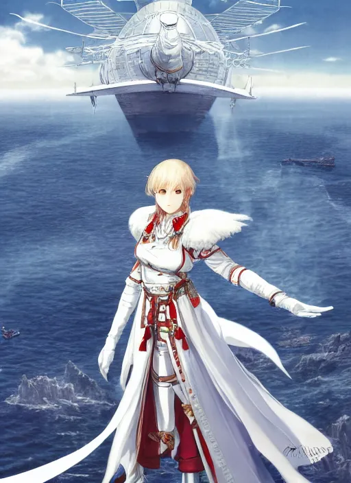 Image similar to character portrait of the white herald on the deck of an imperial airship in the sky, hidari, color page, tankoban, 4K, tone mapping, Akihiko Yoshida.