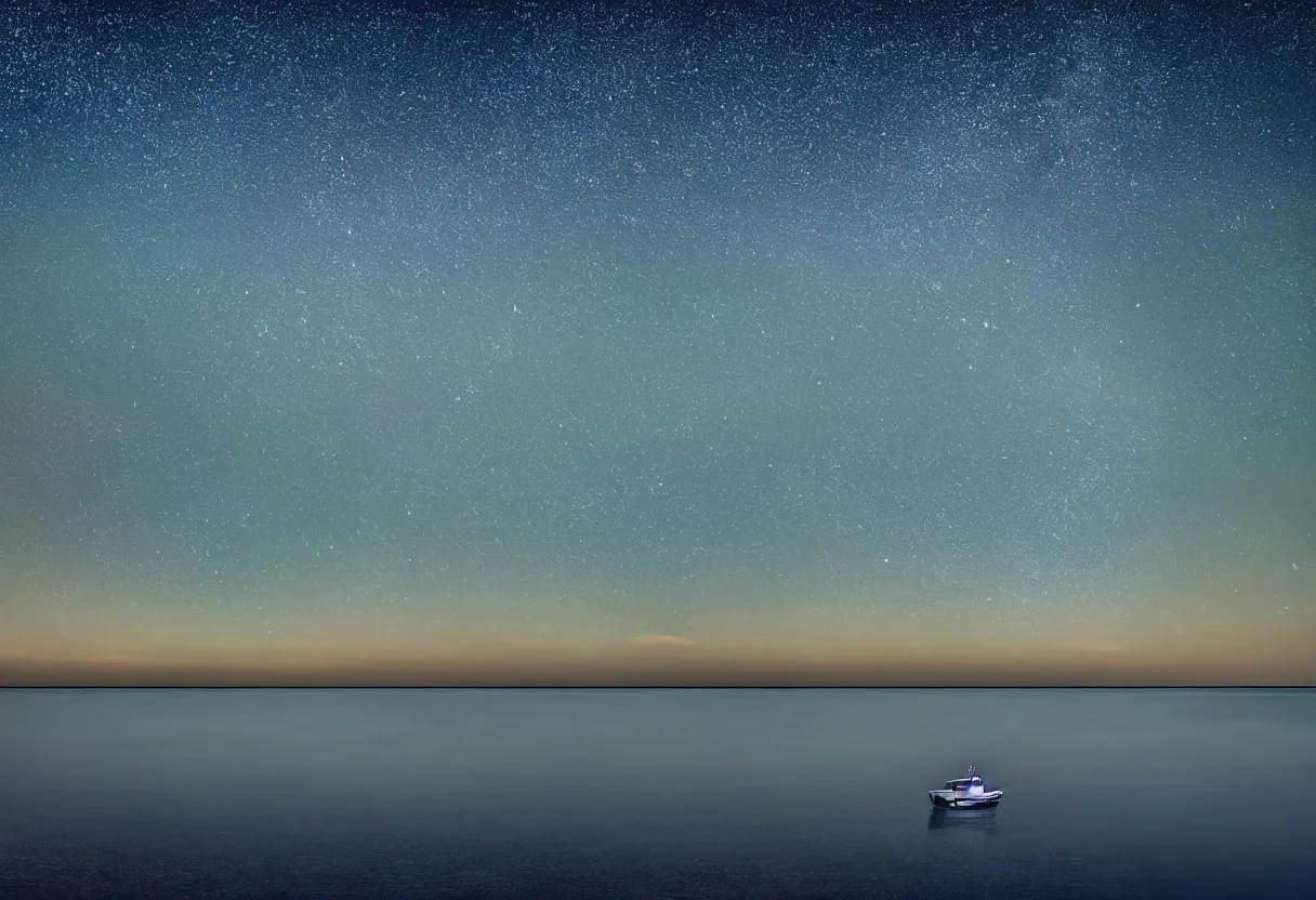 Prompt: peaceful sea at night full of stars milky way visible clear waters lonely yatch at distance blue tones sharp focus hdr