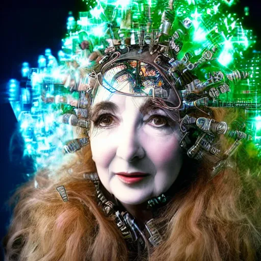 Prompt: beautiful Fine art photo portrait of enraptured Kate Bush as a solarpunk robotic goddess, white mechanical parts with led lights, photorealistic, centered, highly detailed and intricate, sun lighting, 8k