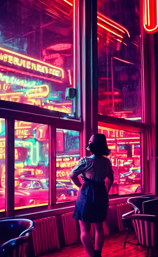 Image similar to vertical movie frame portrait of girl in 5 0's retro restaurant interior, neon - decorated urban on night in the city seen through the window, modern interior design, architectural design, vintage, night blade runner, dark, postapocalyptic, clean lines, 4 k, octane, asian futuristic city at distance, big windows, octane, wide angle