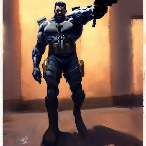 Image similar to greg manchess portrait painting of light frank castle aka punisher as overwatch character, medium shot, asymmetrical, profile picture, organic painting, sunny day, matte painting, bold shapes, hard edges, street art, trending on artstation, by huang guangjian and gil elvgren and sachin teng