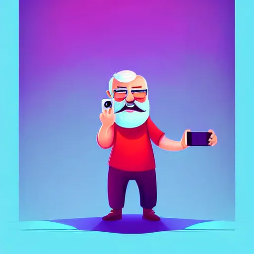 Image similar to curled perspective digital art of a cute smiling beard grandpa cartoon character taking a photo to a baby girl by anton fadeev