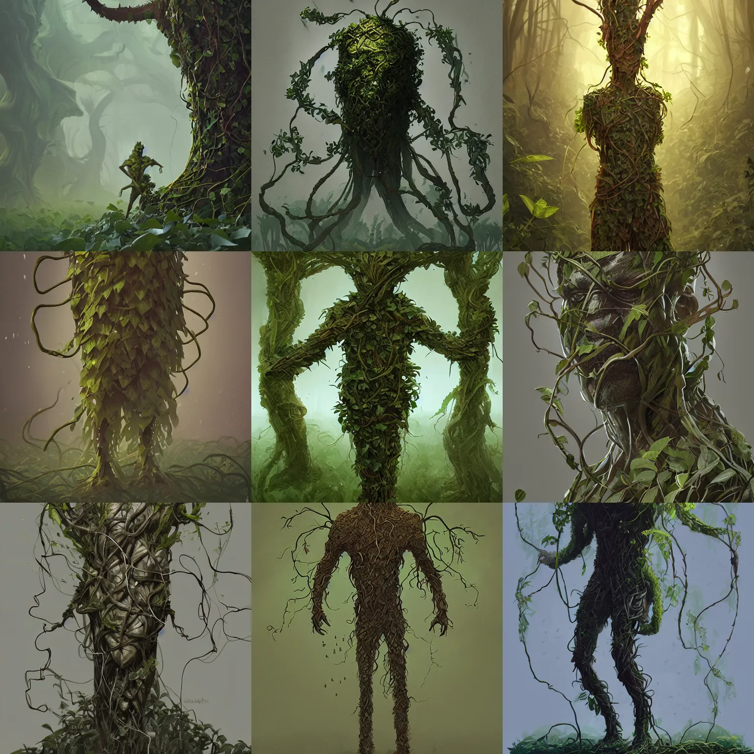 Prompt: plant elemental man made of vines, concept art, smooth, sharp focus, illustration, greg rutkowski