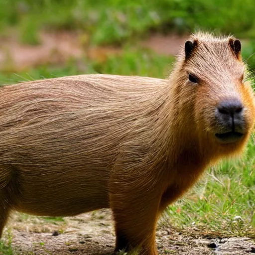 Prompt: trail cam image of a capybara