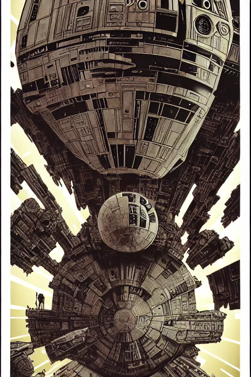 Image similar to platonic ideal of han solo, nazgul mandelbulb, deathstar, millenium falcon, detailed, stormtroopers, darth vader, action pose, intricate, volumetric lighting, moebius, geof darrow, dan mumford, alphonse mucha, poster,
