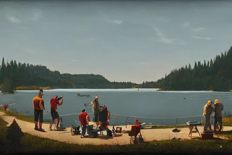 Image similar to mid - thirties guys binge drinking and fishing in front of a lake, in the style of simon stalenhag