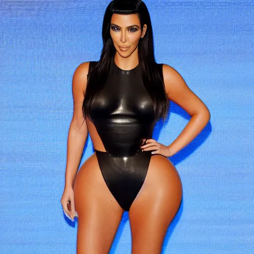 Image similar to kim kardashian as a drop shaped fish with cyborg legs