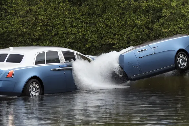 Image similar to Group of teenagers push Rolls-Royce into lake from small slide