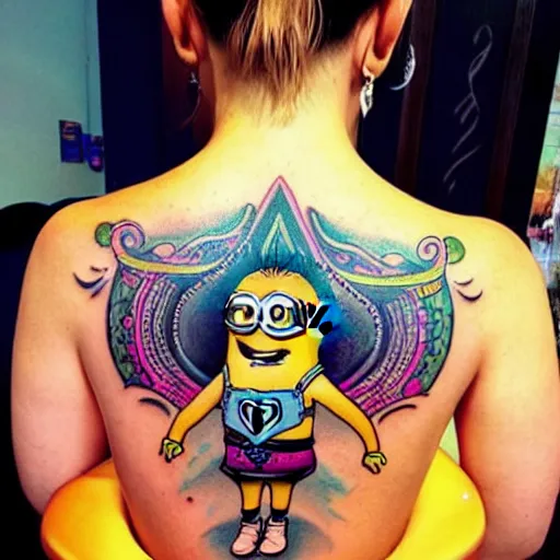 Image similar to tattoo of female on minion back, epic, colorful, beautiful, intricate detail