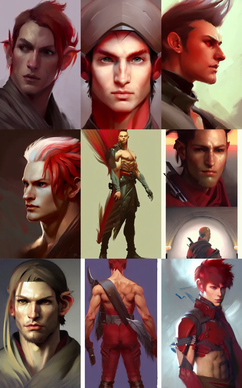Prompt: character concept portrait, red feather male elf, style digital painting, concept art, smooth, sharp focus, illustration, from metal gear, by ruan jia and mandy jurgens and william - adolphe bouguereau, artgerm