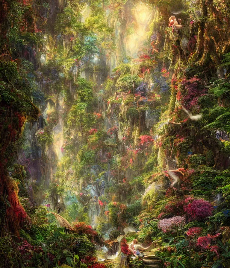 Image similar to a beautiful hyperrealistic detailed painting of a thin climbing path climbing through an enchanted fantasy forest, by federic edwin church, by alex heywood, by hayao miyazaki, epic scale, 3 d, brilliantly coloured, intricate, ultra wide angle, trending on artstation, golden ratio, morning, volumetric lighting, polished, micro details